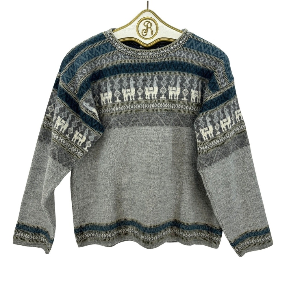 INTI Tejidos 100% Wool Sweater Alpaca-Style Ecuador Knit Gray Blue Geometric